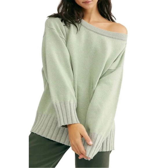FREE PEOPLE Street Fair Lime Grey Oversized Tunic Sweater - Picture 1 of 10